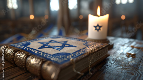 Israel Flag On Jewish Temple Background, Religious Book With Candle on wooden table, Generative Ai