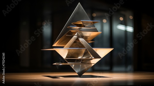 Geometric metal sculpture creates an interplay of light and shadow, embodying contemporary design