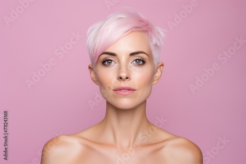 Beautiful young woman with pink hair on a pink background. Facial treatment. Cosmetology.