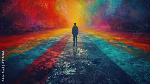 A person standing at a crossroads with multiple colorful, imaginative paths ahead, choice of creative directions