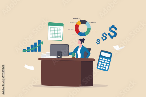 Accountant calculate tax, finance or accounting document, manage invoice, office financial chart and graph, money report or balance audit concept, businesswoman accountant working in the office.