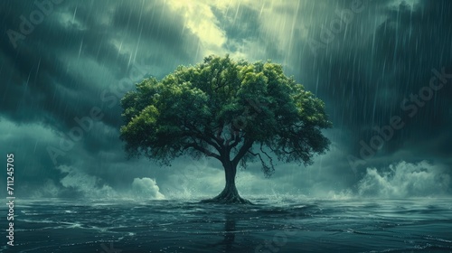 Symbolic portrayal of resilience in mental health, a tree standing strong amidst a storm