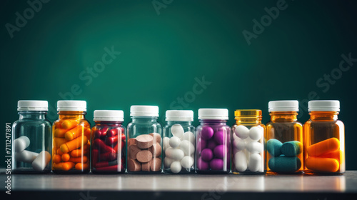 Various colorful pills, capsules and tablets in different glass or plastic jars