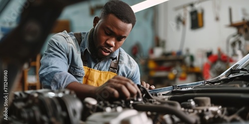 skilled African American mechanic fine-tuning a car engine with expertise