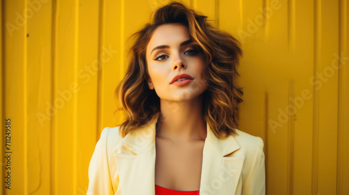 Portrait of a stylish young woman in a white blazer and red top against a bright yellow background, looking confident.