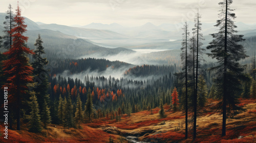 A serene autumnal landscape featuring a forest with mist rolling over distant mountains and a meandering stream.