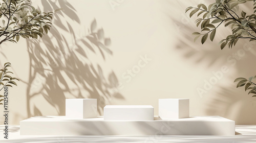 Abstract minimal nature scene - empty stage with three white rectangle podiums on beige background and shadows of tree leaves. Pedestal for cosmetic product and packaging mockups display presentation