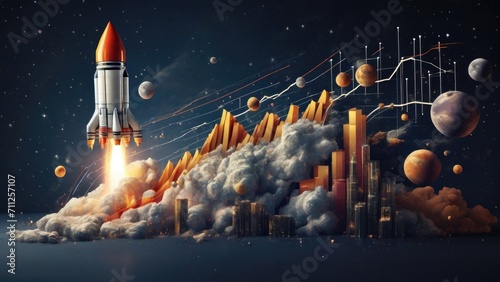 A visual representation of a chart that showcases the exponential growth and prosperity of a new business venture, with a rocket taking off towards the stars.