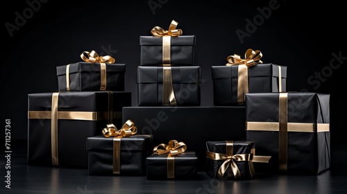 Elegant black gift boxes with ribbons and bows on a dark background for Black Friday sale