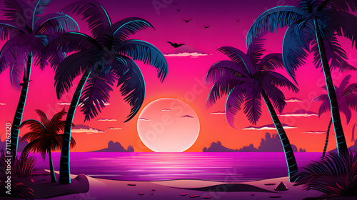 an illustration of the sun setting over the water at the beach