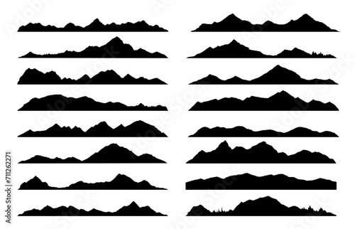 Mountain, hill and rock black silhouettes, vector rocky valley landscape shapes. Mount peak or canyon range and alpine valley hills silhouette icons for hiking, camping or climbing sport and travel