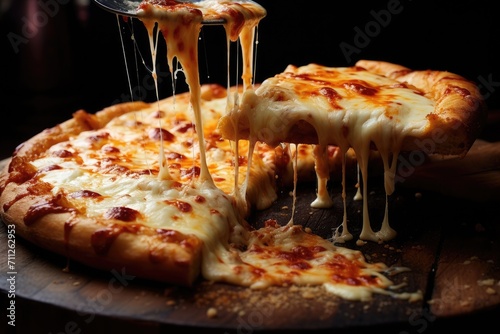 An image of a delicious slice of pizza being carefully lifted from a pizza pan, delicious cheese pizza, AI Generated