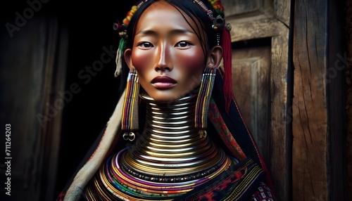 Kayan tribe woman of Northern Thailand wearing brass neck rings 