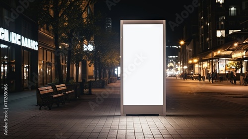 Mockup of a blank white vertical billboard on a sidewalk at night with street lights and buildings in the background