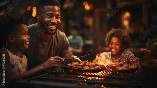 An African-American family barbecues