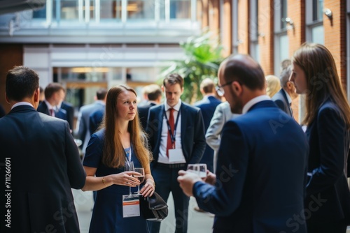 A diverse group of individuals standing together, actively participating in conversations and engaging with one another, Delegates networking at conference drinks reception, AI Generated