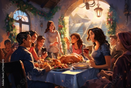 A diverse group of individuals enjoying a meal together around a table, Festive meal, Friends and family gathered around a dining table, AI Generated