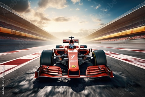 A red race car zooms past on a track with thrilling speed and precision, Formula one race car crossing finish line on sports track, AI Generated