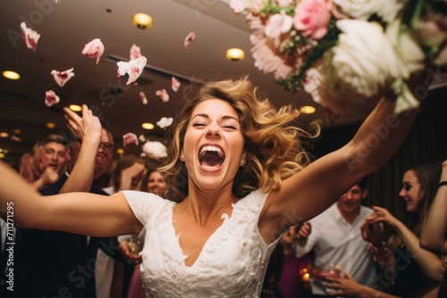 A woman in a white dress celebrates as she is surrounded by colorful confetti, Bouquet toss at a lively wedding reception, AI Generated