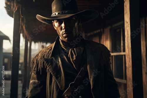 cinematic, cowboy in front of western bar door, out door, sunlight,