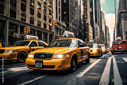 A densely populated urban street gridlocked with an overwhelming amount of vehicles during peak hours, Classic yellow taxi cabs in the busy streets of Manhattan, AI Generated
