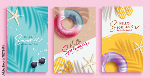 Hello summer greeting vector poster set design. Summer hello text with beach floaters, sunglasses, starfish and flip flop vacation elements. Vector illustration summer greeting postcard collection. 