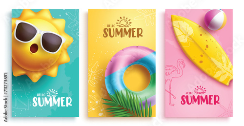 Summer hello text vector poster set. Hello summer greeting card with sun wearing sunglasses, beach floaters and surfboard elements. Vector illustration summer greeting card collection. 