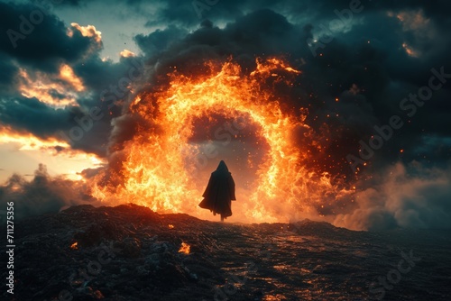 Demon emerging from fiery portal in hellish landscape, a nightmarish and infernal creature summoned.