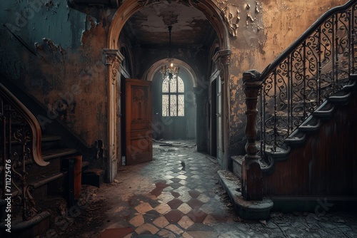  Malevolent spirit haunting dilapidated mansion hallways, a dark and vengeful force in the decaying corridors.