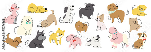 Set of cute dogs clipart vector. Lovely dog and friendly puppy doodle pattern in different poses and breeds with flat color. Adorable funny pet and many characters hand drawn collection.