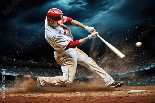 A baseball player energetically swings a bat at a ball during an intense game, Dynamic baseball pitch moment right before a home run, AI Generated