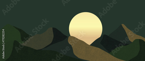 Abstract mountain background vector. Watercolor oriental style, landscape, hills, moon with gold, dots, lines texture. Nature illustration design for home decor, wallpaper, prints.