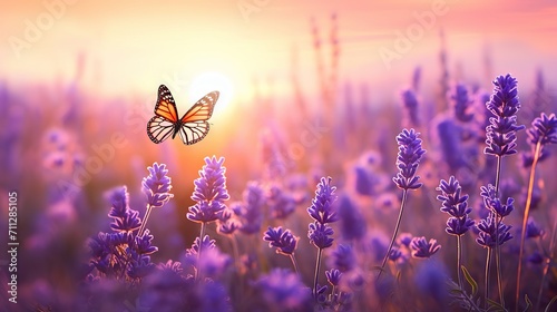 Lavender field with butterfly in summer sunset, panorama blur background