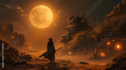 As the moon rose high in the night sky, the swordsmans shadow danced across the sand dunes, his swift movements flickering between the ghostly light of the oil lamps tered Fantasy art