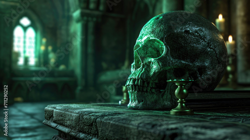 A skull, its hollow eye sockets glowing with a green flame, sat perched on a pedestal in the corner of the room. It seemed to watch you with a malevolent intelligence. Fantasy art