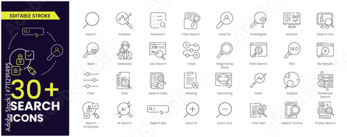 Search stroke line icon set. Containing magnifying glass, find, research, SEO and investigate icons. Stroke outline icon collection. Editable stroke.