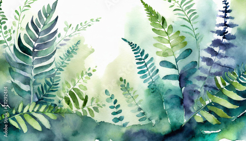 Watercolor Art Painting: Mysterious Greenery with Ferns Breezily at Midday