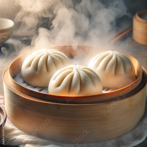 Steamed buns in bamboo steamer. AI generated.
