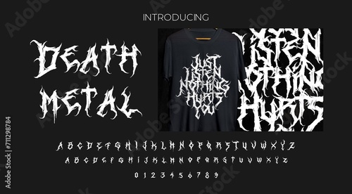 Death metal typhography font with gothic extremal lettering darkened apocaliptic and hardcore letters