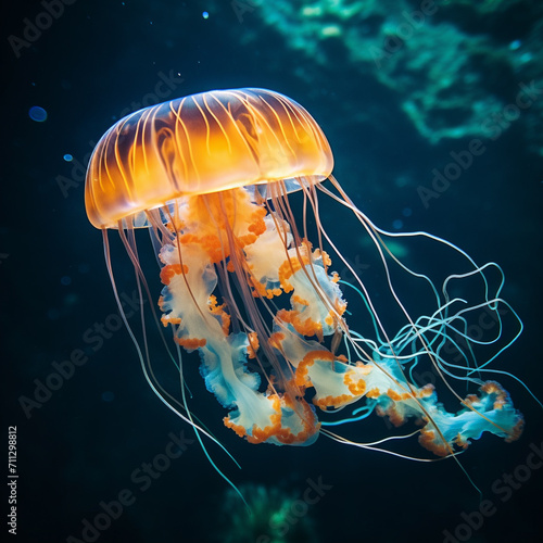 jellyfish, sea, ocean, underwater, jelly, water, animal, orange, medusa, marine, life, tentacles, jelly fish, deep, sting, aquatic, nature, danger, floating, wildlife, creature, swim