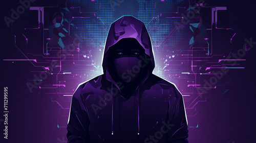 Mysterious anonymous hacker concealed by hood stands against backdrop of intricate chip patterns bathed in haunting purple glow, enigmatic person of anonymous cybercriminals