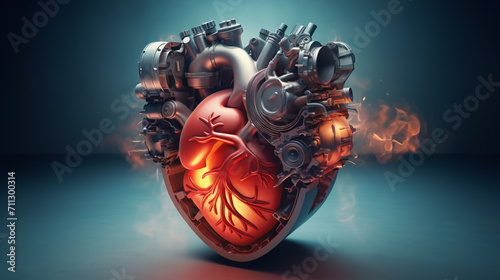 Steel heart engine pulses with fiery red glow, against gloomy smoky backdrop creating stunning visual display of strength and allure, symbolizes intersection of industrial innovation and human emotion