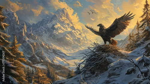 As the seasons change, the mountain transforms into a winter wonderland, but the hippogriffs remain undisturbed in their warm and cozy nest, thriving in the extreme conditions. Fantasy art