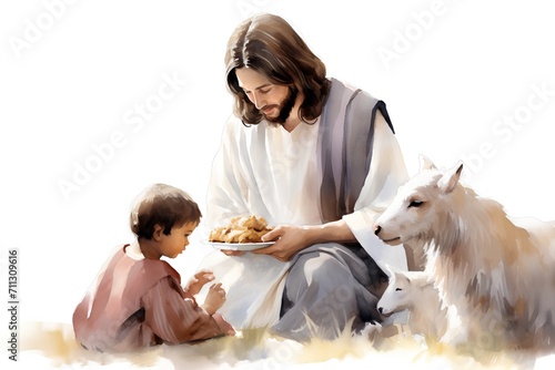 Jesus Christ with baby Jesus and lamb isolated on white background, illustration