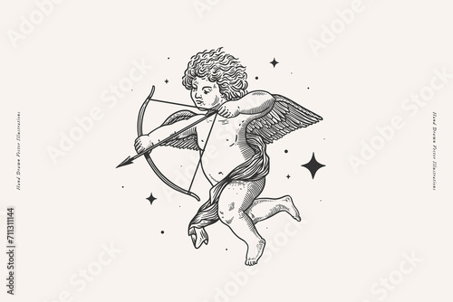 Beautiful Amur in the stars, shooting an arrow of love. Cupid, the god of romance and passion, on a light background. Antique mythological hero in engraving style.