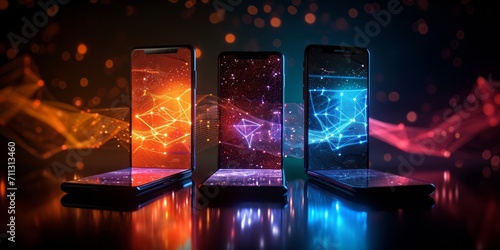 Three smartphones displaying colorful network graphics on screens with a dark background.