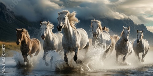 Herd of horses running through water with mountains in the background