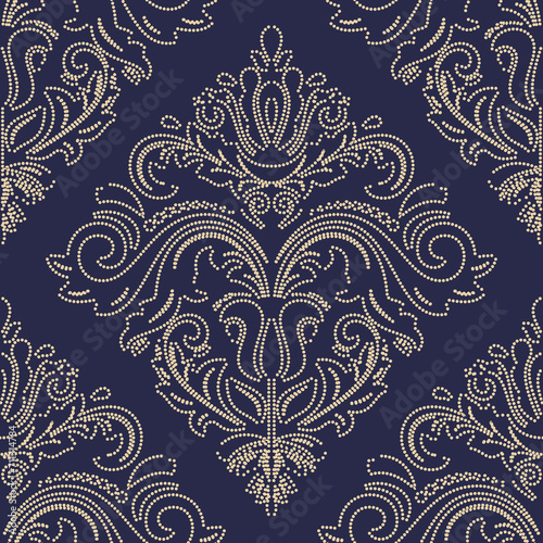 Classic seamless pattern. Damask orient navy blue and golden dotted ornament. Classic vintage background. Orient pattern for fabric, wallpapers and packaging