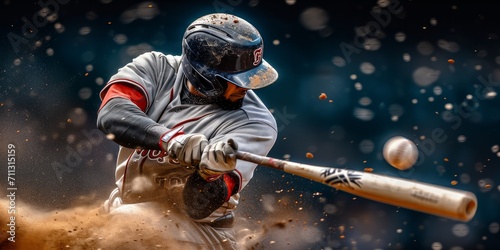 Baseball player hitting a ball with dust flying around