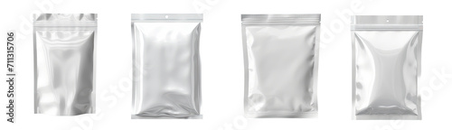 Set of aluminum blank foil food pack bag packaging collection illustration isolated transparent background, . PNG, cutout, or clipping path. , 
